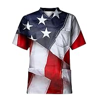 Men's Patriotic Medical Uniforms Scrubs American Flag Print July 4 Shirts Plus Size Scrub Tops