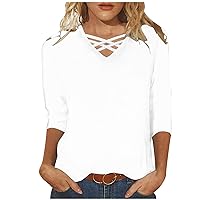 Women's Casual 3/4 Sleeve T-Shirts V Neck Criss Cross Cute Tunic Tops Basic Tees Blouses Loose Fit Pullover