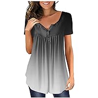 HTHLVMD Short Sleeve Trendy Summer Tee Shirts Female Outdoor Cropped Cotton Solid Tees Loose Pleated Soft V Neck Tops for Women Gray