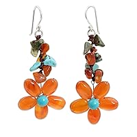 NOVICA Handcrafted 950 Sterling Silver Carnelian Unakite Flower Earrings Brass Plated Calcite Orange Beaded Dangle Statement Thailand Tangerine Floral Bohemian Birthstone [2.4 in L x 1.1 in W] 'Sunny