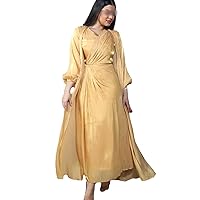 Moroccan Caftan Mesh Solid Bright Silk V-Neck Lantern Sleeve Elegant Casual Muslim Women Long Dress