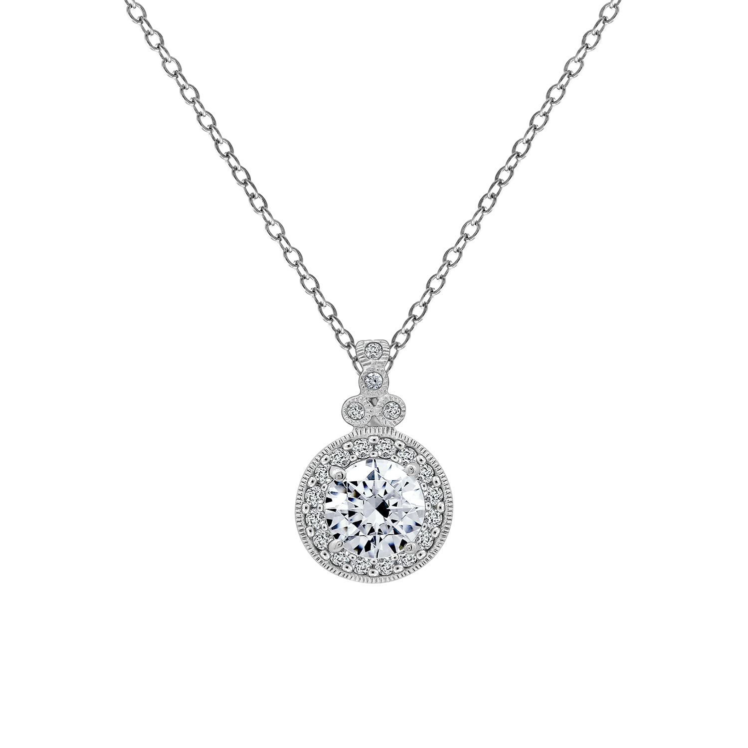 Amazon Collection Platinum-Plated Sterling Silver Infinite Elements Zirconia Round-Cut Antique Pendant Necklace