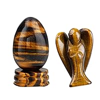 Bundle - 2 Items: Tiger's Eye Crystal Egg with Stone Stand & Tiger's Eye Guardian Angel Figurines for Home Decor