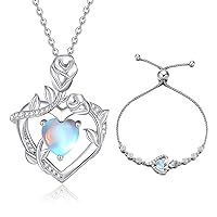 AGVANA June Birthstone Jewelry Moonstone Necklace Bracelet for Women Sterling Silver CZ Rose Flower Heart Pendant Mothers Day Gifts for Mom Anniversary Birthday Gifts for Girls Her