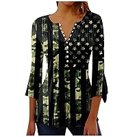4Th of July Top Womens Petite Tops 3/4 Sleeve Button Henley Neck Blouse America Tshirt Patriotic Tunic Tops Blouses