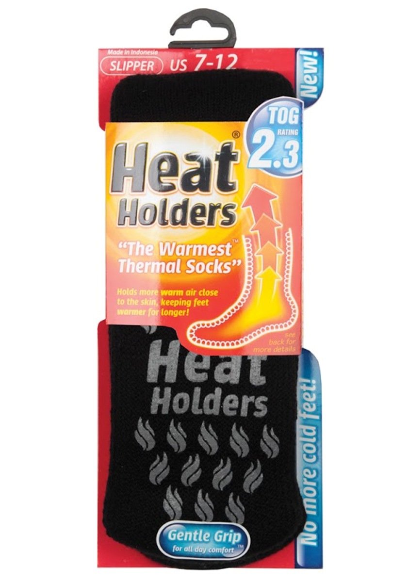 Heat Holders - Mens Thick 2.3 TOG Non Skid Thermal Slipper Socks with Grippers (7-12 US, Black/Grey)