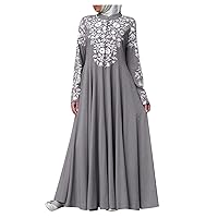 Turkish Robes Womens Muslim Abaya Middle East Muslim Dress Long Sleeve Arabia Dubai Robe Vintage Embroidery Printed Eid Muslim Long Dress Morocco Abaya Grey 5X