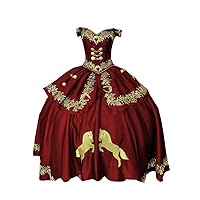 2024 Gold Horse Embroidered Off The Shoulder Vintage Ball Gown Quinceanera Evening Dresses with Sleeves Satin