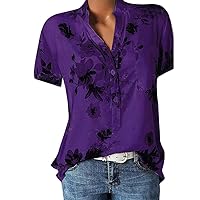 Womens Summer Tops Dressy Casual Button Down Shirts Short Sleeve Linen Blouses Boho Floral Henley Shirts with Pocket T-Shirt