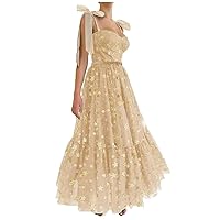 ZHengquan Women's Sparkly Starry Tulle Prom Dresses Puffy Sleeves Backless Glitter Star Evening Party Gowns
