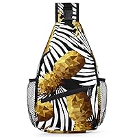 Golden Pineapple Palm Leaves Sling Backpack for Men Women, Casual Crossbody Shoulder Bag, Lightweight Chest Bag Daypack for Gym Cycling Travel Hiking Outdoor Sports