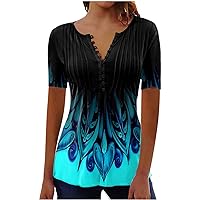 Women's Pleated Tops Casual Summer Blouses Sexy Floral Print Tunic V Neck Button Up Shirt Dressy Slim Tunic Top