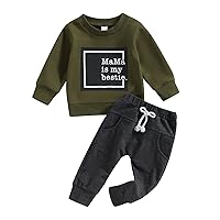Toddler Baby Boy Clothes Solid Color Long Sleeve Crewneck Sweatshirt Top Casual Pants Set 2Pcs Fall Winter Outfits