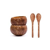 2 Eco-Friendly Original Coconut Bowls (Small) w/ 2 Coconut Wood Spoons - 100% Natural, Organic Kitchen Set - Handcrafted from Reclaimed Coconut Shells + Offcuts