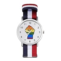 Gay Pride Raised Rainbow Fist Printed Quartz Watches Fashion Arabic Numerals Wrist Watch with Adjustable Strap for Men Women