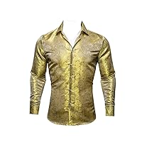 Spring Autumn Men Silk Shirt Gold Paisley Woven Long Sleeve Lapel Shirts Casual Fit Party