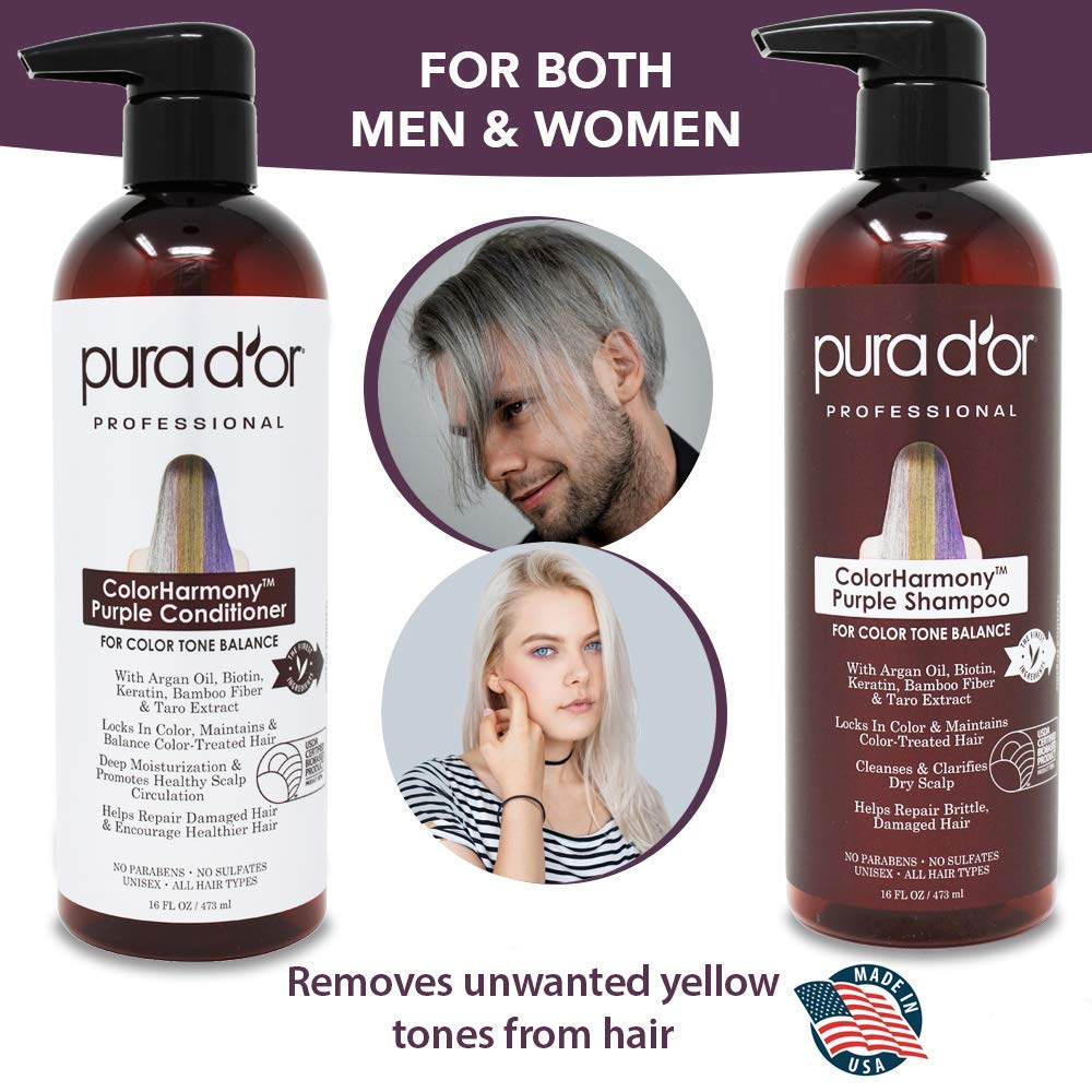 PURA D'OR Purple Shampoo & Conditioner (16oz x 2) ColorHarmony Biotin Set For Bleached, Blonde, Silver & Color Treated Hair - Keratin, Bamboo Fiber, No Sulfates, Natural Ingredients - Men & Women