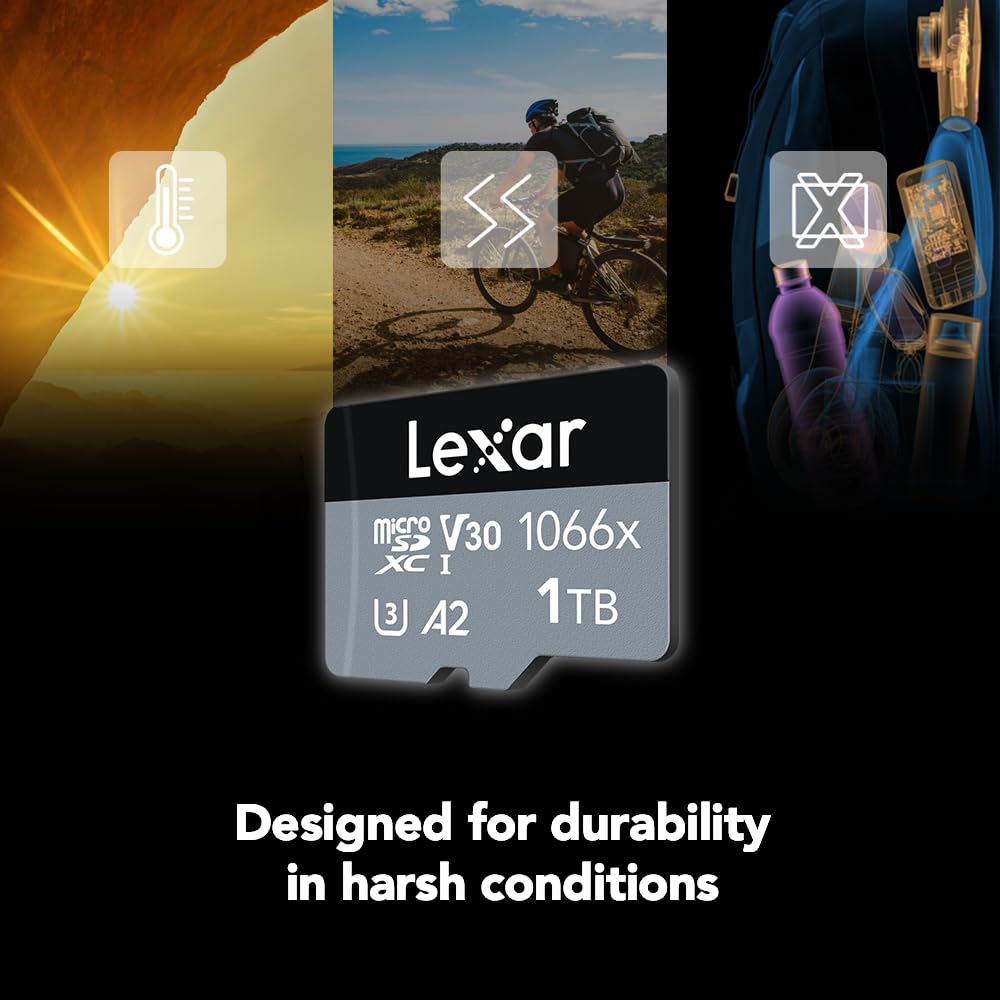 Lexar Professional 1066x 1TB microSDXC UHS-I Card w/SD Adapter, C10, U3, V30, A2, Full HD, 4K UHD, Up to 160MB/s Read, for Action Cameras, Drones, High-End Smartphones, Tablets (LMS1066001T-BNANU)