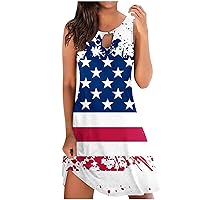 USA Flag Sexy Dress for Women Summer V Neck Mini Dress 2024 Vintage July 4th Printed Tshirt Dress Casual Beach Tank Sundress