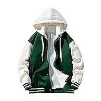 WENKOMG1 Mens Hooded Varsity Jacket,Long Sleeve Casual Quilted College Jacket Winter Fall Letterman Hooded Outerwear