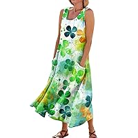 HTHLVMD Womens St. Patrick's Day Dress Shamrock Green Irish Print Cotton Linen Dress with Pockets Sleeveless Summer Dress