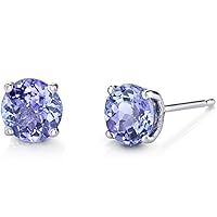 Peora 14K White Gold Tanzanite Stud Earrings for Women, Genuine Gemstone, Classic Solitaire Round Shape, 6mm, 1.50 Carats total, Friction Back