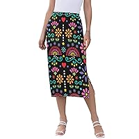 Casual Skirt for Women Midi High Waist Stretchy Mid Length Skirts Split Side for Spring Summer Fall