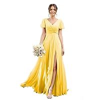 Short Sleeves Chiffon Bridesmaid Dresses - V Neck Wedding Guest Dresses Long Prom Dresses with Slit 2024