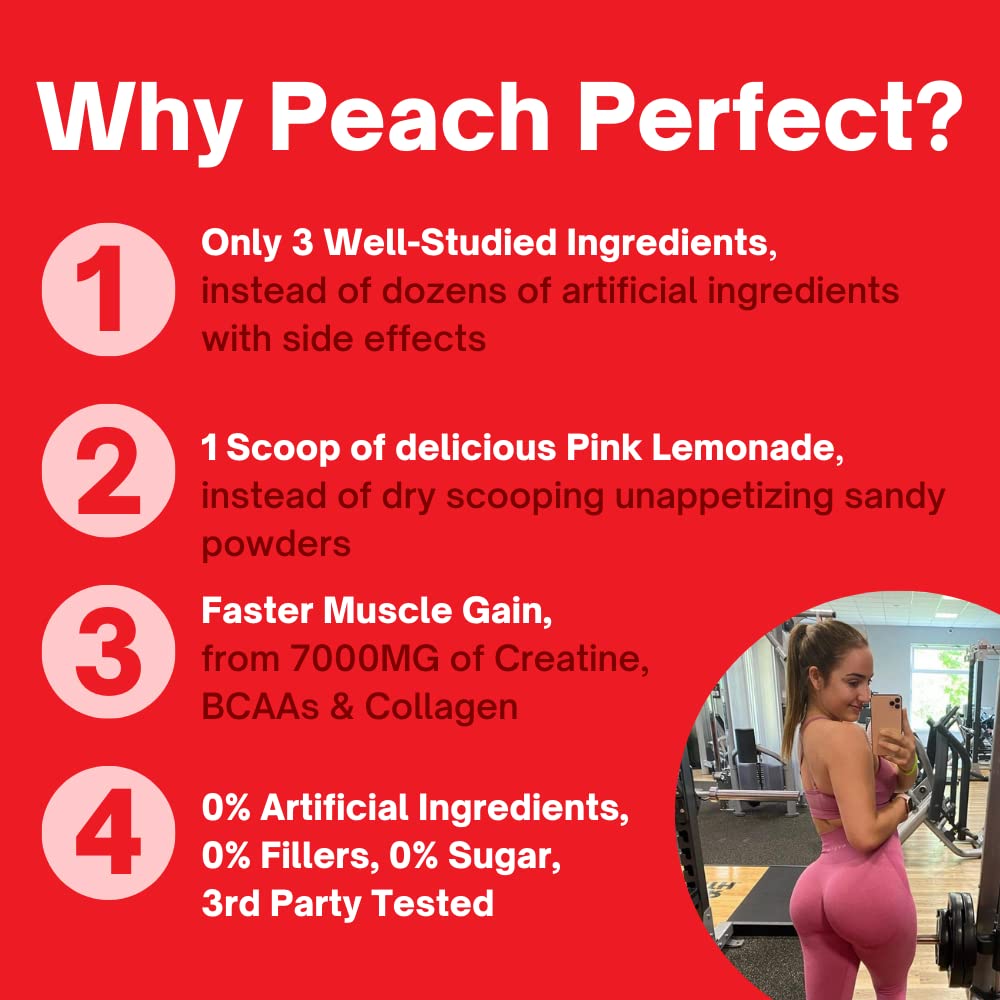 Peach Perfect Creatine for Women Booty Builder, Muscle Builder, Energy Boost, Pink Lemonade, Cognition Aid | Collagen, BCAA, lean muscle, Creatine Monohydrate Micronized Powder, Alt Creapure, 30 Svgs