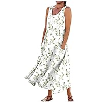 Women Cotton Linen Dress Summer Sleeveless Sundress Tunic Tank Summer Beach Dress Flowy Maxi Dresses with Pockets
