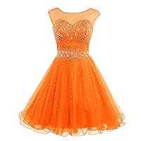 VeraQueen Women's A Line Beaded Homecoming Dress Short Tulle Sleeveless Cocktail Gown Orange