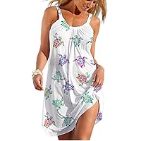 Akivide Women's Beach Sea Theme Print Summer Sleeveless Sundresses Casual Loose Beach Cover Up Dress Knee Length