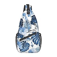 Blue Flower Tropical Sling Backpack, Multipurpose Travel Hiking Daypack Rope Crossbody Shoulder Bag