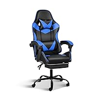 YSSOA Gaming Office High Back Computer Ergonomic Adjustable Swivel Chair with Headrest and Lumbar Support, 440lb Capacity, White, Black/Blue with Footrest