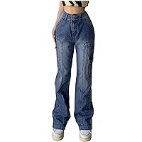 Straight Leg Jeans for Women Tummy Control High Waisted Stretchy Petite Jeans Buttoned Vintage Denim Pant with Pocket