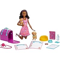 Pup Adoption Doll & Accessories Set with Color-Change, 2 Pets, Carrier & 10 Accessories, Brunette Doll in Pink Dress