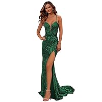 Emerald Green Mermaid Prom Dresses Long for Women Spaghetti Straps V-Neck Sequin Ball Gowns with Slit Size 2