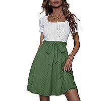 Dresses for Women 2024 Eyelet Embroidery Square Neck Belted A Line Short Dress