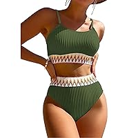 VOLAFA High Waisted Swimsuit Sports Ribbed Bikini Set Adjustable Shoulder Strap Two Piece Swimsuit Swimwear for Women