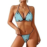 Funny Beaver With Heart Women's 2 Piece Bikini Set Halter Strap Swimsuit Sexy Bathing Suit with Thong