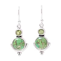NOVICA Handmade 925 Sterling Silver Peridot Dangle Earrings Green from India Reconstituted Turquoise Birthstone Gemstone [1.6 in L x 0.6 in W x 0.2 in D] 'Lively Harmony'