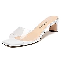WAYDERNS Womens Patent Party Square Toe Cute Clear Slip On Solid Block Low Heel Heeled Sandals 2 Inch
