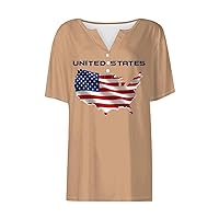 Fourth of July Shirts for Women V Neck Button Short Sleeve Blouses Loose Fit Trendy Patriotic Tees USA Map Print T Shirts