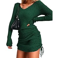 Womens Long Sleeve Knit Sweater Dress V Neck Threaded Pleated Drawstring Bottom Ribbed A-Line Midi Sweaters Dress