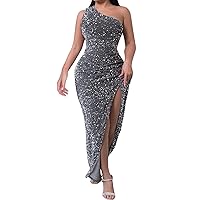 New Women Spring Fashion Sequins One Shoulder Sleeveless Slit Dress Solid Color See Throw Dresses for Women