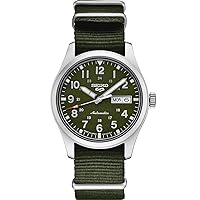 SEIKO SRPG33 Watch for Men - 5 Sports - Automatic with Manual Winding Movement, Green Dial, Stainless Steel Case, Green Nylon Strap, 100m Water Resistant, and Day/Date Display
