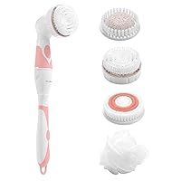 Brookstone 6 Piece Electric Body Bath Brush | Long Handled Body Scrubber and Facial Cleansing Brush | Battery Powered Shower Brush with 4 Spin Brush Heads