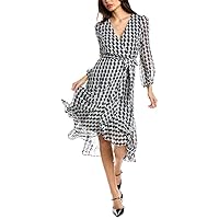 Women's Houndstooth Printed Faux Wrap Midi