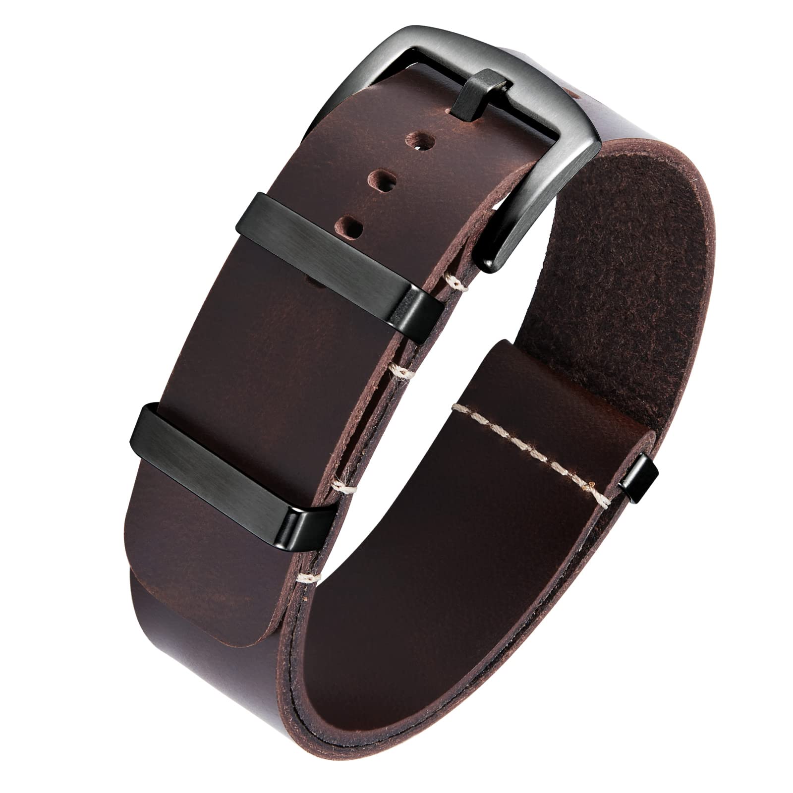BINLUN Leather Watch Band Crazy Horse Oiled Leather Watch Straps 18mm 20mm 22mm 24mm Replacement One-Piece Watchbands for Men and Women Silver & Black Buckle