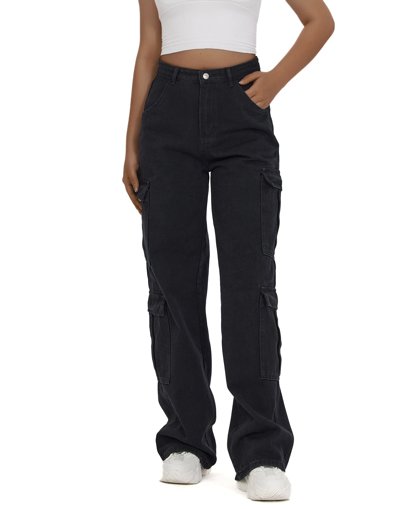 Women's High Waist Cargo Jeans Flap Pocket Baggy Cargo Pants Y2K Wide Leg Denim Jeans Y2K Streetwear Pants.